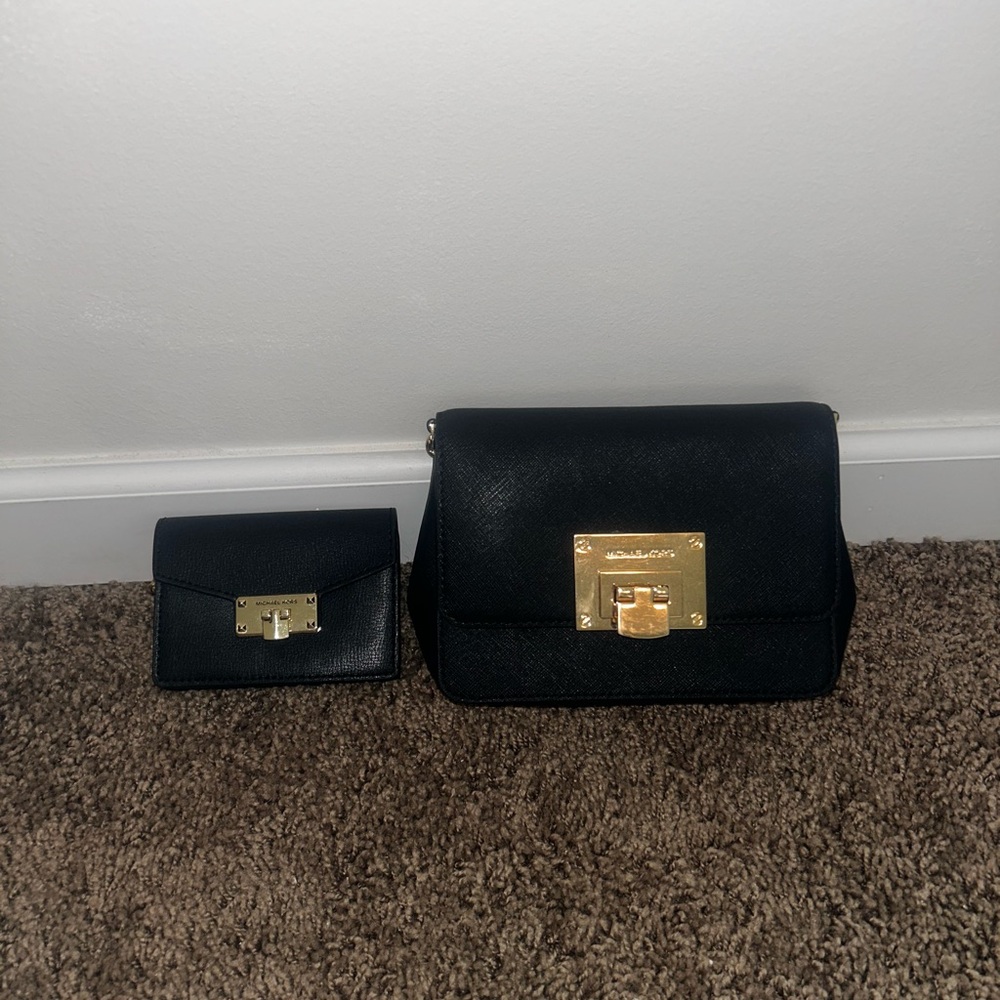 Michael Kors Black and Gold Crossbody Bag and card holder